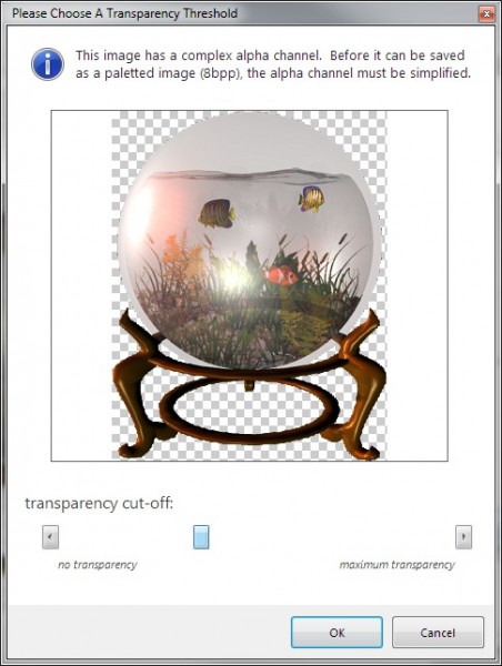 When saving a 32bpp image with a complex alpha channel to a simple format like GIF, the program has to reduce the alpha channel to binary values.  A new threshold dialog helps you find the perfect value.