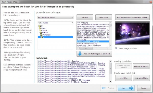 The first page of the new Batch Process wizard.  This step is by far the most intricate, and a ton of work went into exposing full functionality without overwhelming the user.  To my knowledge, PhotoDemon is the only batch processor that allows you to create your own batch list from any number of source directories spread across any number of drives.