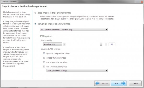 Once you've created a list of images and chosen any photo editing actions, an output image format can be set.  New to this version, PhotoDemon can retain original image formats - allowing you to apply actions to mixed PNG/JPEG collections, for example.  Alternatively, you can select a single output format, with access to the program's full range of detailed format settings.
