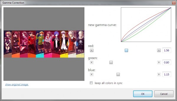 The new gamma correction dialog.  The old dialog forced users to correct only one channel at a time.  The new one allows for correcting all three, with a live preview of the new curves.  Thanks to dA user Kouken for the Persona fan art.