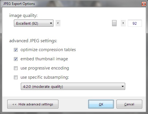 The new JPEG export dialog.  Optimization is a lossless way to reduce file size - very handy for JPEGs headed to the web.