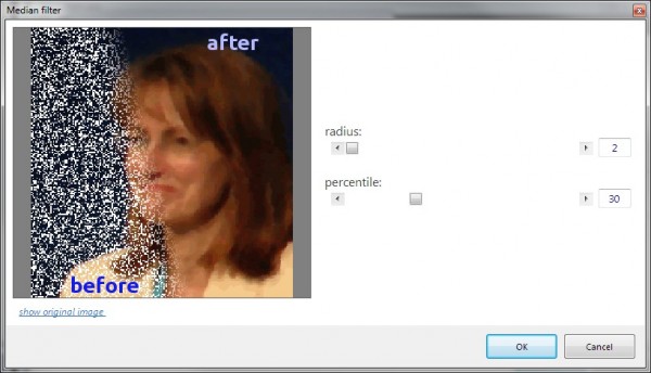 Median filtering serves two main purposes: removal of image noise (unwanted pixel variance), and recovery of damaged images.  The severely damaged image above is courtesy Wikipedia; the after image is pure PhotoDemon (note that it recovers better than the Wikipedia example!).