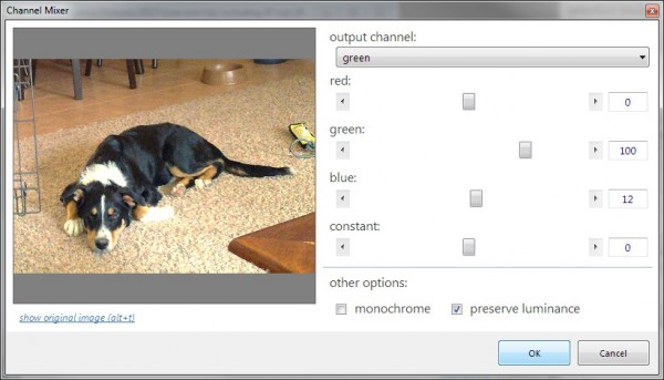 PhotoDemon's new Channel Mixer.  This tool comes courtesy of outside contributer audioglider, who contributes multiple tools to this release - please shower him with praise!  (The subject of this photo is the latest addition to my family, a beautiful Australian Shepherd / Shetland Sheepdog mix named Yosuke.)