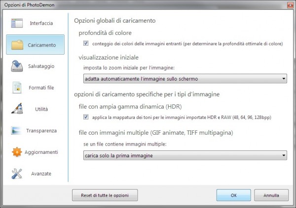 Here is the Options panel in full Italian.  The text of the bottom checkbox on the right-hand panel originally extended past the edge of the dialog, but PhotoDemon has detected that and shrunk the text accordingly.  This requires no work on the part of the translator!
