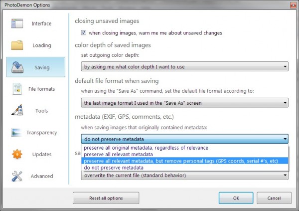 PhotoDemon's new metadata handling preferences.