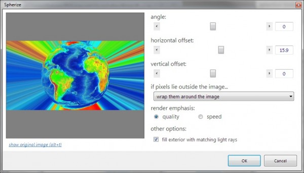 PhotoDemon's new Sphere tool lies more in the "Fun" category than the "Practical" one, but that's okay.  For a bit of extra style, the program can render matching background rays onto the canvas, as shown in the screenshot above.