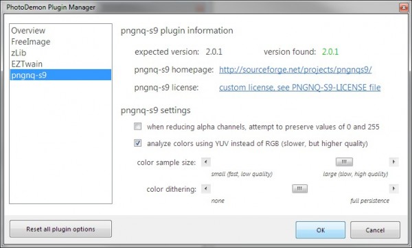 The pngnq-s9 page of the plugin manager.  Advanced or esoteric plugin features can be adjusted here, which keeps the program's main preferences dialog uncluttered.